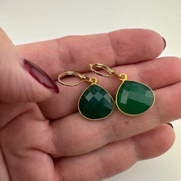 Faceted Green Onyx Earrings Vermeil Bezel 14KT Gold Filled Leverbacks NWT - Picture 2 of 11